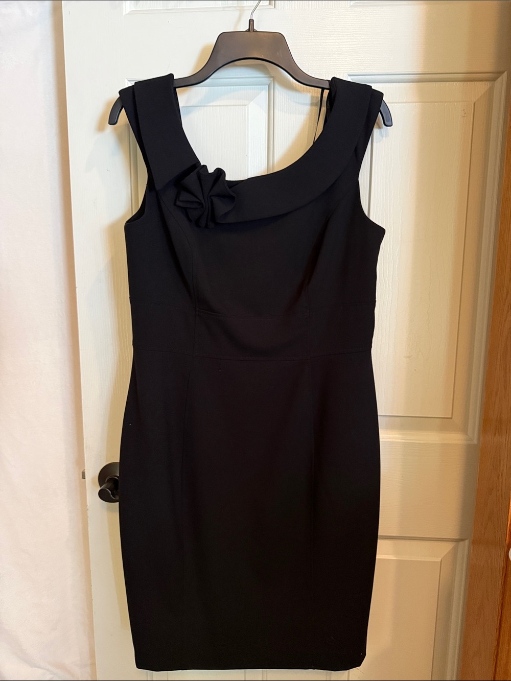 Calvin Klein Black Sleeveless Sheath Dress with Rosette Neck Detail